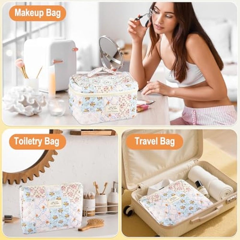 URSKYTOUS 3Pcs Cotton Quilted Makeup Bag for Women Girls Large Small Travel Floral Cosmetic Bags Set Cute Coquette Makeup Pouch for Purse Aesthetic Cloth Bee&Flower Storage Toiletry Bag Organizer - Image 4